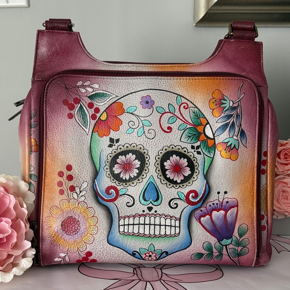 Anuschka Sugar Skull Hand- Painted Leather Organizer Shoulder Bag